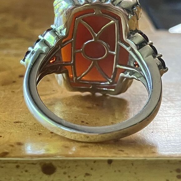 Natural Caramel Opal Red Garnet Sterling Silver Ring Size 6 - Picture 5 of 9